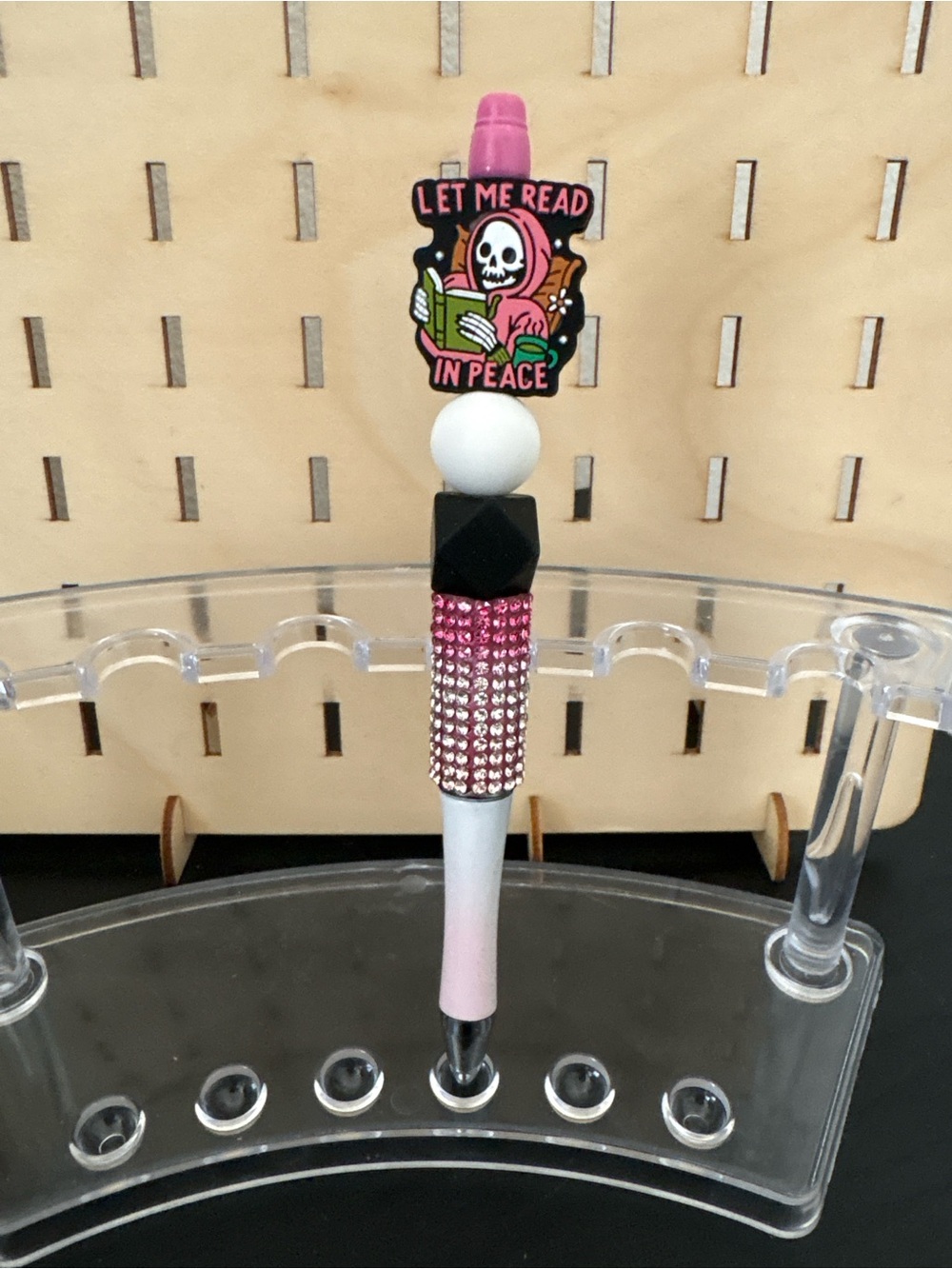 Handcrafted let me read in peace rhinestone beaded pen